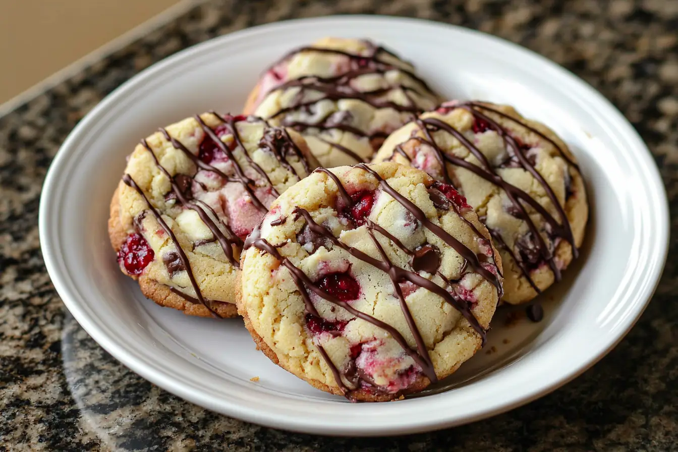 Chocolate chip raspberry cheesecake cookies detail