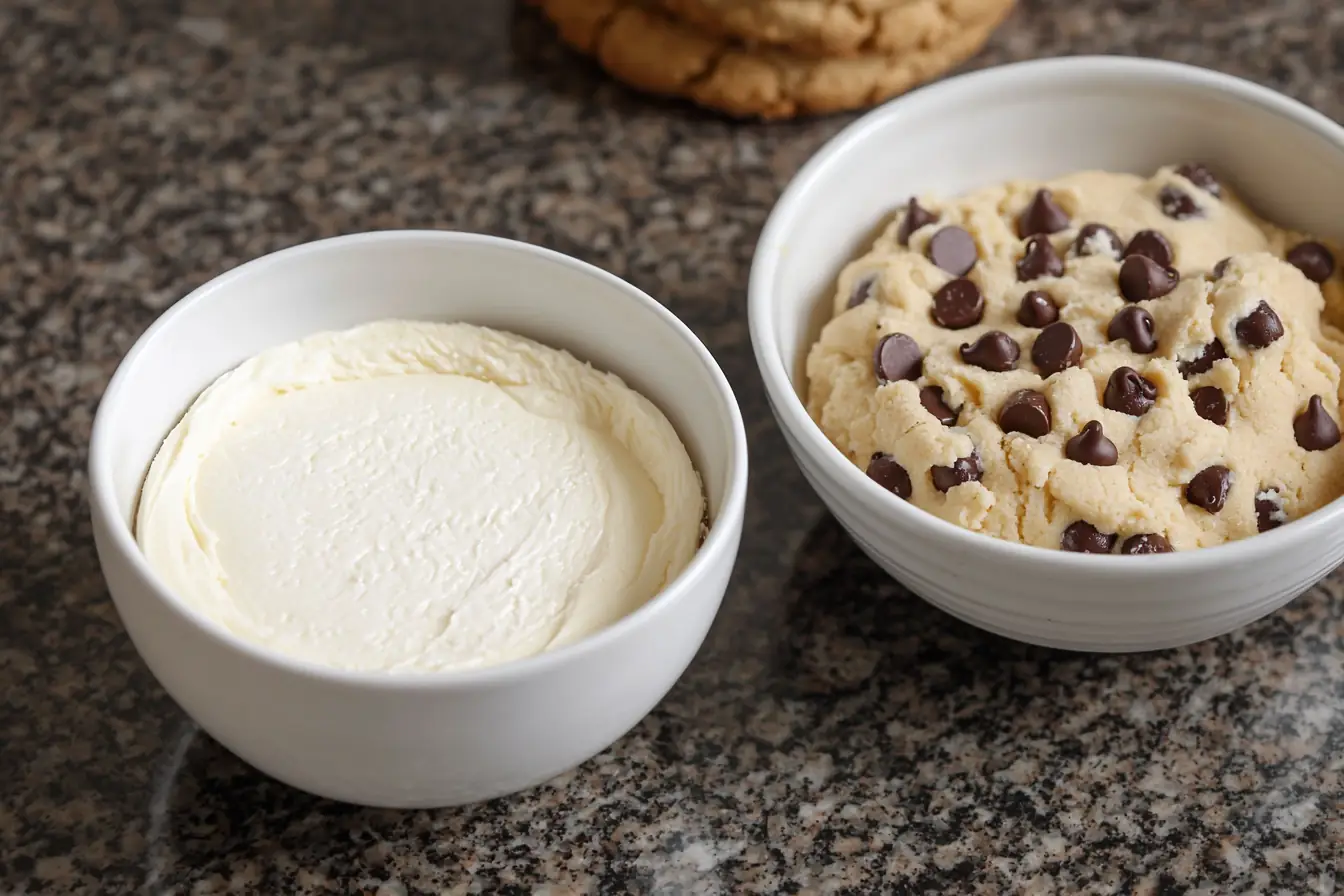 Bowls of cream cheese filling and cookie dough
