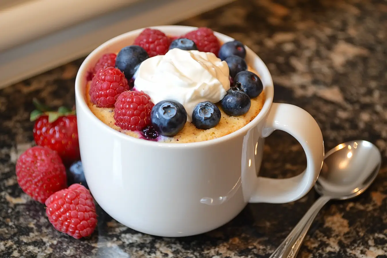 Protein mug cake with yogurt and berries