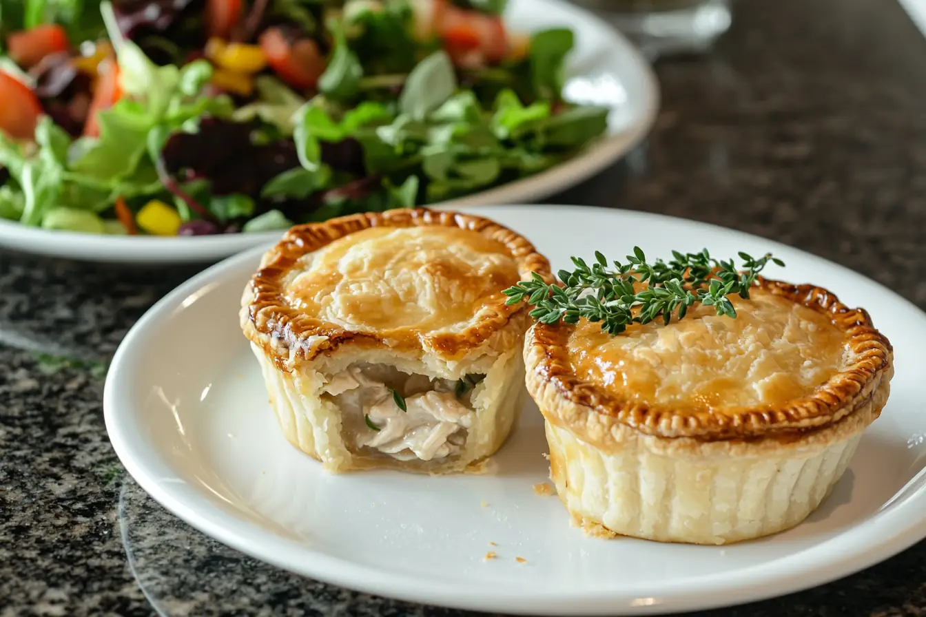 Served mini chicken pot pies with salad