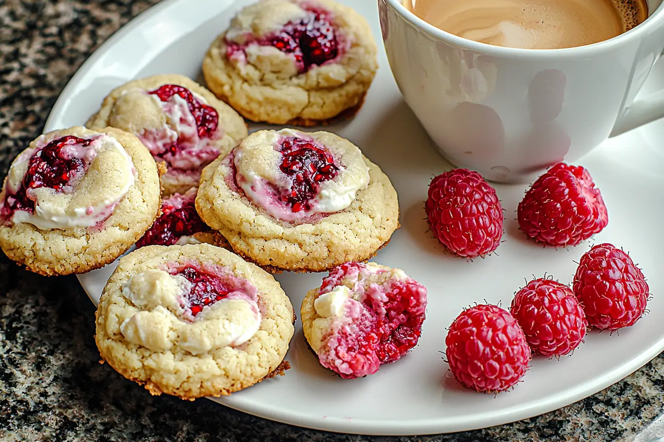 Serving raspberry cheesecake cookies with coffee