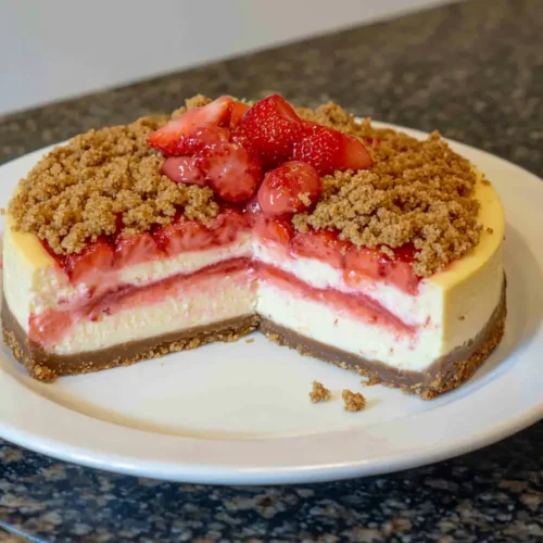 Slice of strawberry crunch cheesecake