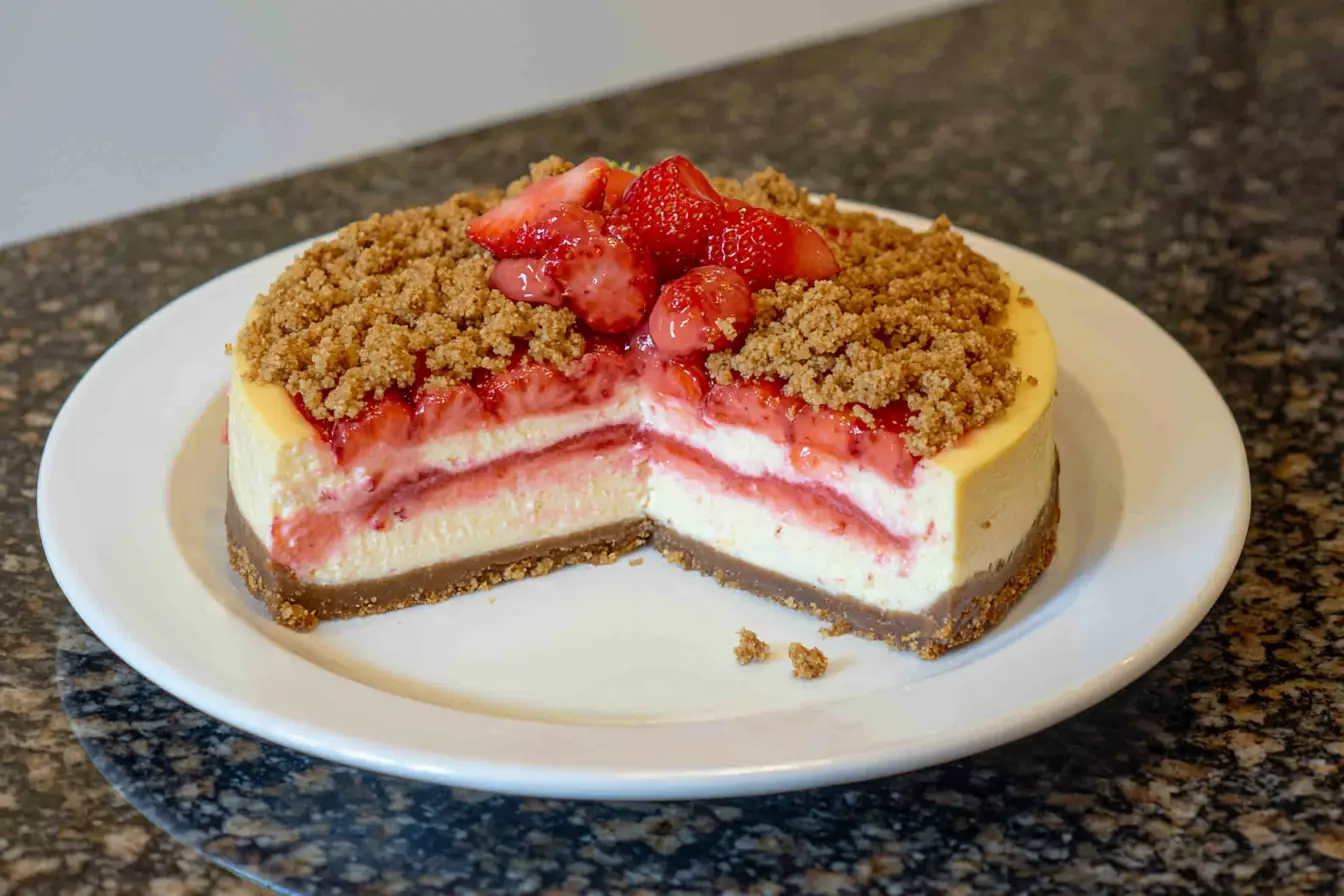 Slice of strawberry crunch cheesecake